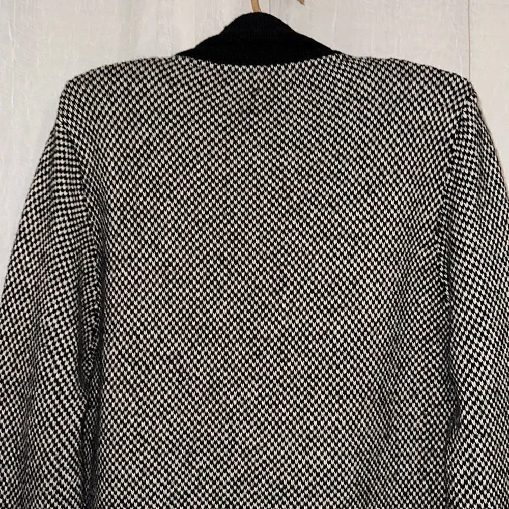 H&M L Black White Checkered Knit Wool Blend Shawl Button Front Cardigan Sweater
